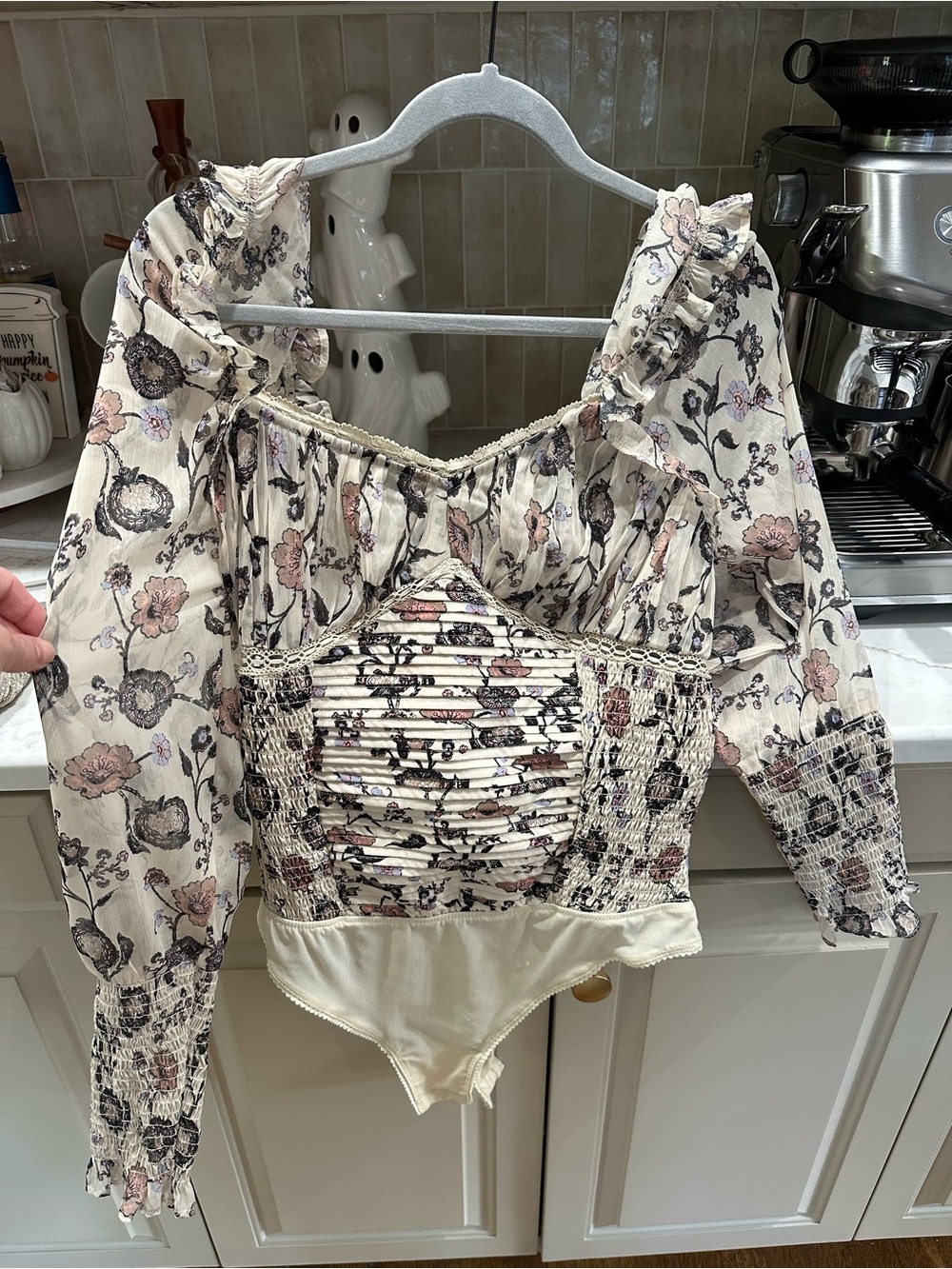 Free People Cream Floral Smocked Off-Shoulder Bodysuit